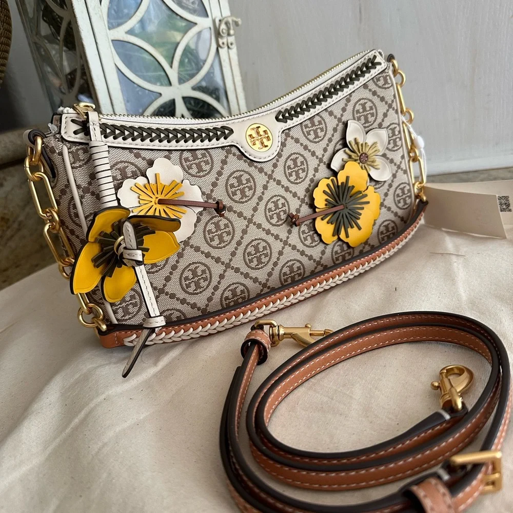 New Tory Burch 🌼 T MONOGRAM BRAIDED FLORAL STUDIO HAZELNUT - Picture 1 of 13